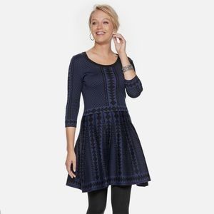 Nina Leonard Geometric Black & Navy Fit & Flare Sweater Dress Size L